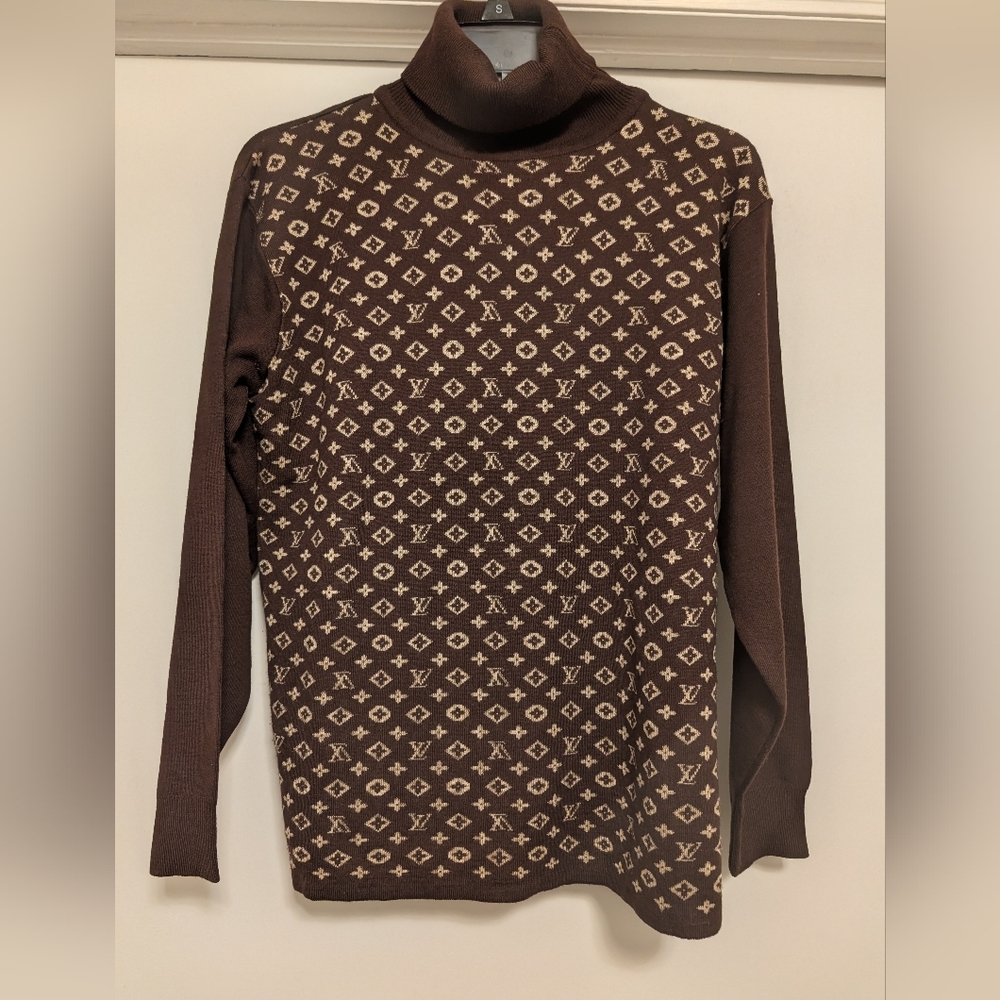 Brown Turtleneck Sweater with Allover Monogram Pattern